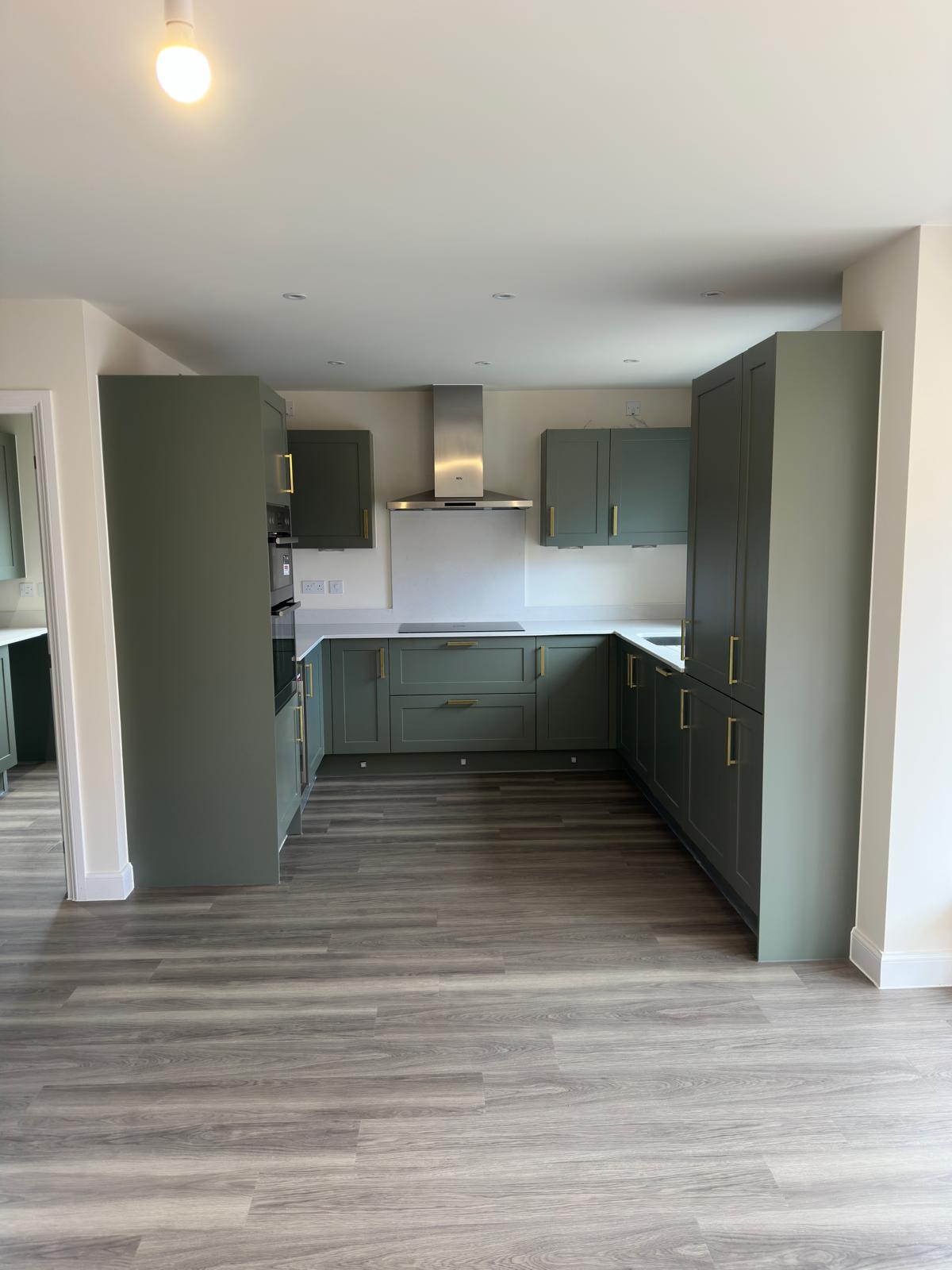 Sage green hand painted kitchen with brass handles
