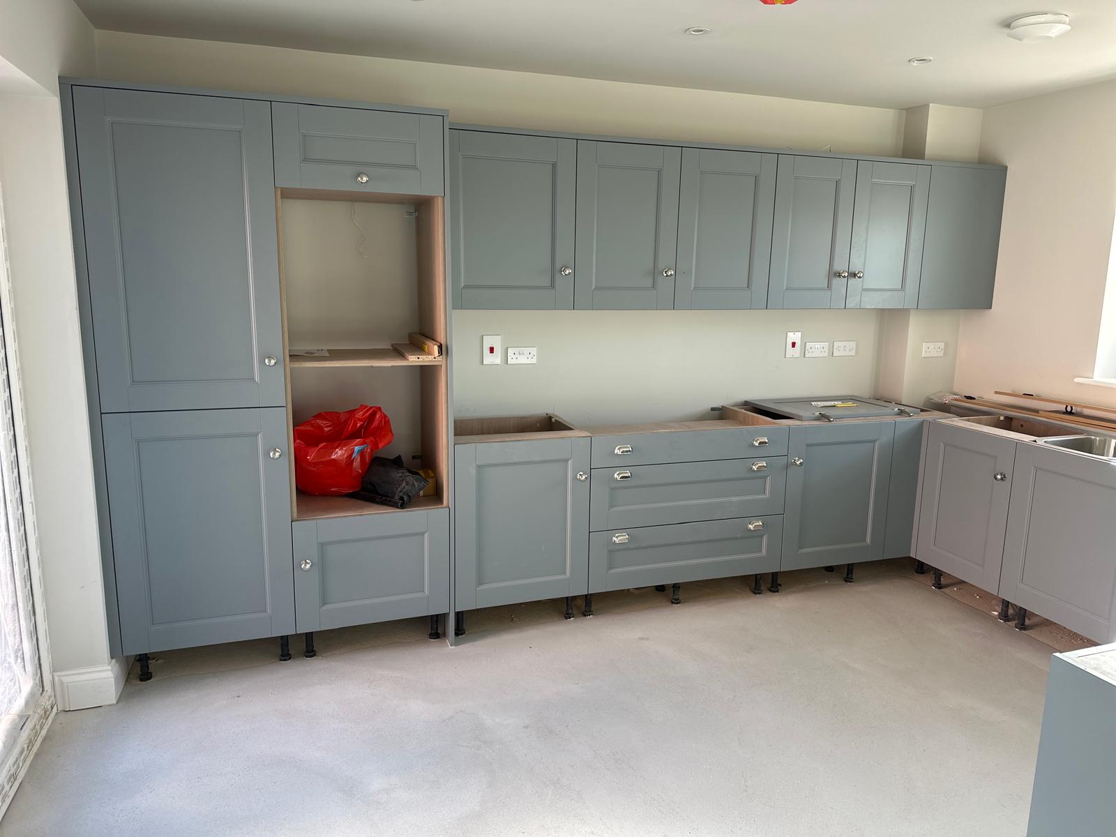 Detail of blue-grey painted cabinetry